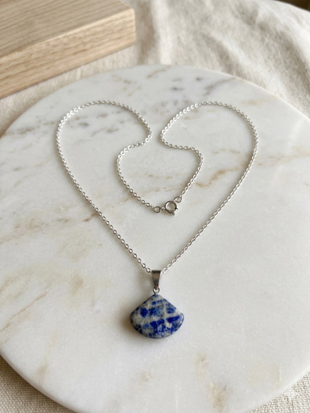 New S925 Sterling Silver Chain Necklace Artisan Blue Lapis Lazuli Fan Pendant - Picture 5 of 12